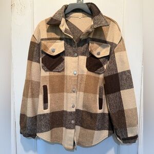 Plaid Button-Up Shacket in Brown and Tan